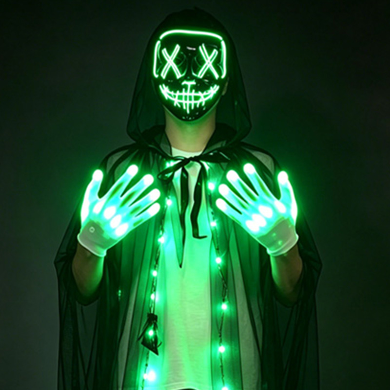 Led Purge Mask Halloween - Zestaw: maska czaszki LED, świecące rękawiczki,